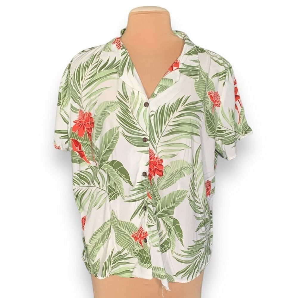 Vintage Bishop St. Apparel Shirt Green Tropical Palm Floral Print Button Down